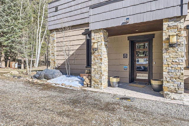 property entrance with stone siding