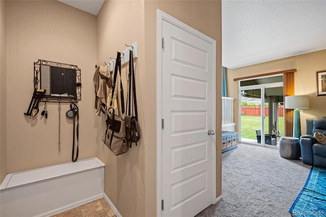 interior space featuring light colored carpet