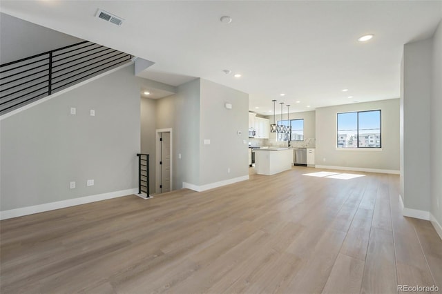 unfurnished living room with light hardwood / wood-style flooring and sink