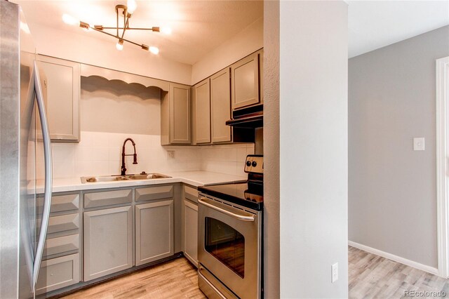 kitchen featuring gray cabinets, light hardwood / wood-style floors, sink, decorative backsplash, and appliances with stainless steel finishes