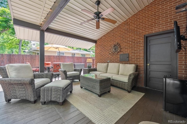 1040 Zang St, Golden, CO 80401 - view of patio with outdoor lounge area, a ceiling fan, and a wooden deck