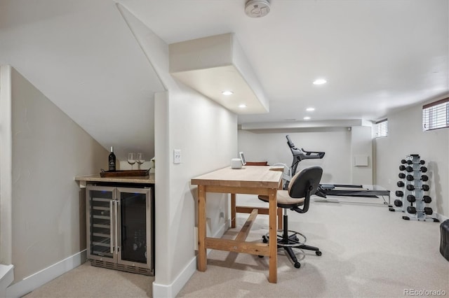 home office with beverage cooler, baseboards, carpet, a bar, and recessed lighting