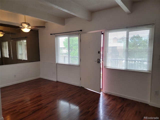 384 S Ironton St Unit 407, Aurora, CO 80012 - foyer entrance featuring beam ceiling, wood finished floors, ceiling fan, baseboards, and a textured ceiling