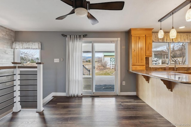 dining area with ceiling fan, dark hardwood / wood-style flooring, and sink