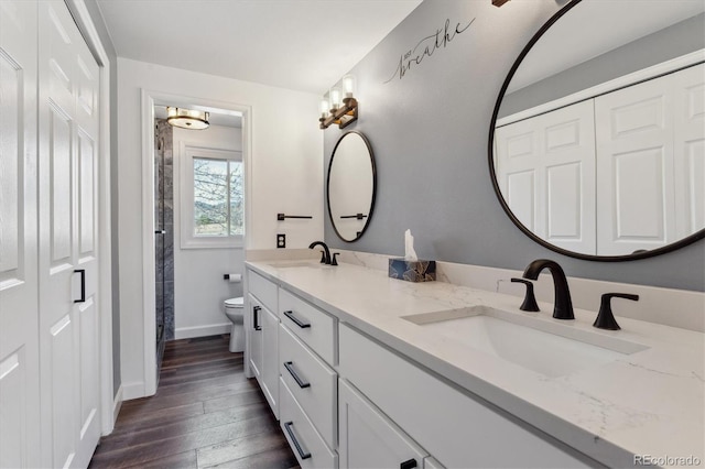 bathroom with vanity, hardwood / wood-style flooring, and toilet