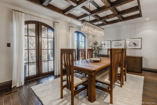 1820 Mallard Dr, Broomfield, CO 80020 - dining space with french doors, wood-type flooring, beam ceiling, coffered ceiling, and baseboards