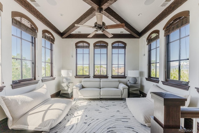 1820 Mallard Dr, Broomfield, CO 80020 - living room with baseboards, beam ceiling, and a ceiling fan