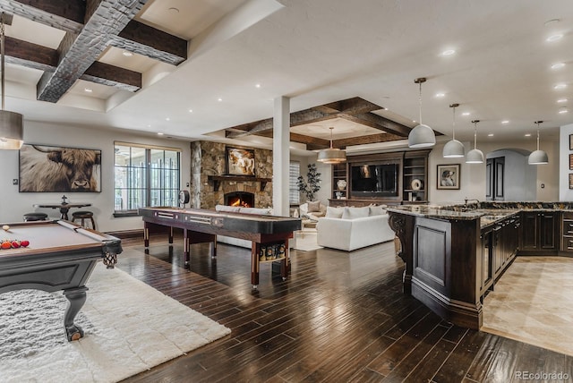 1820 Mallard Dr, Broomfield, CO 80020 - game room with coffered ceiling, billiards table, hardwood / wood-style floors, a stone fireplace, and beamed ceiling