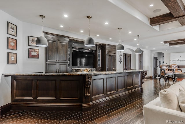 1820 Mallard Dr, Broomfield, CO 80020 - kitchen featuring arched walkways, baseboards, dark wood-type flooring, beamed ceiling, and coffered ceiling