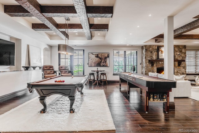 1820 Mallard Dr, Broomfield, CO 80020 - playroom featuring billiards table, coffered ceiling, plenty of natural light, wood-type flooring, and a fireplace