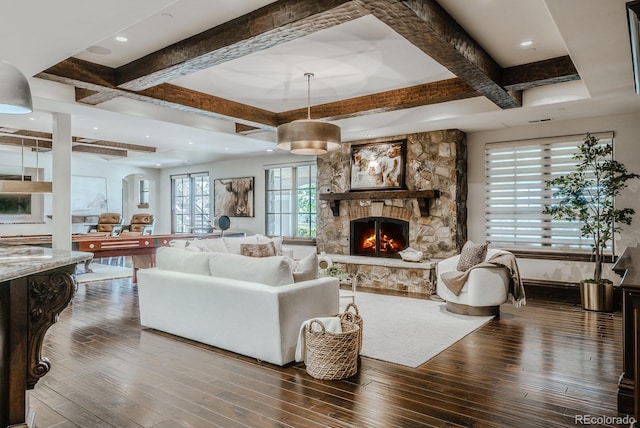 1820 Mallard Dr, Broomfield, CO 80020 - living area with coffered ceiling, beamed ceiling, a fireplace, hardwood / wood-style floors, and recessed lighting