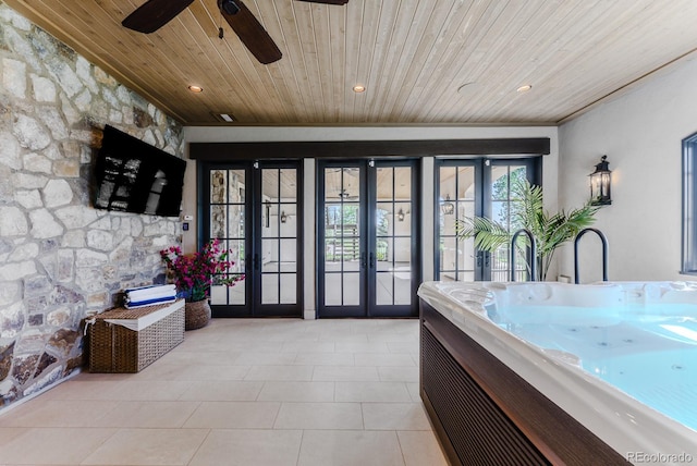 1820 Mallard Dr, Broomfield, CO 80020 - doorway to outside with wood ceiling, a ceiling fan, tile patterned floors, and recessed lighting