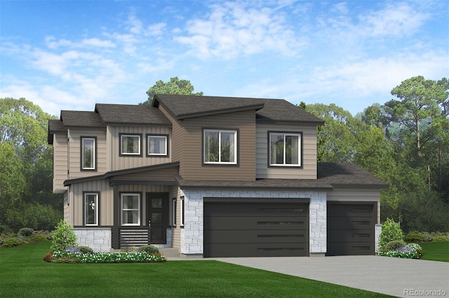 1799 Jennifer St, Brighton, CO 80601 - view of front of home with roof with shingles, a front lawn, an attached garage, stone siding, and driveway