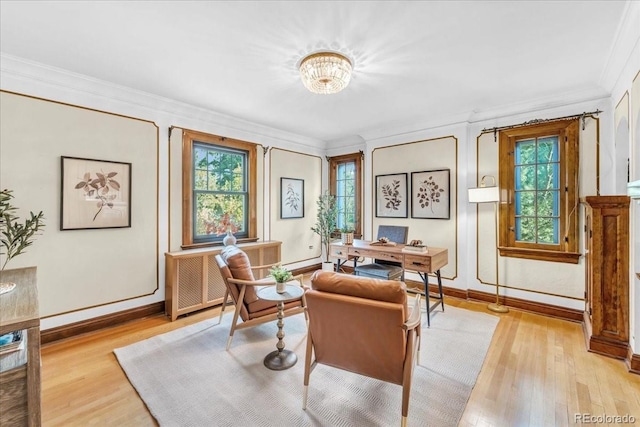 office with crown molding, light wood-style floors, and plenty of natural light