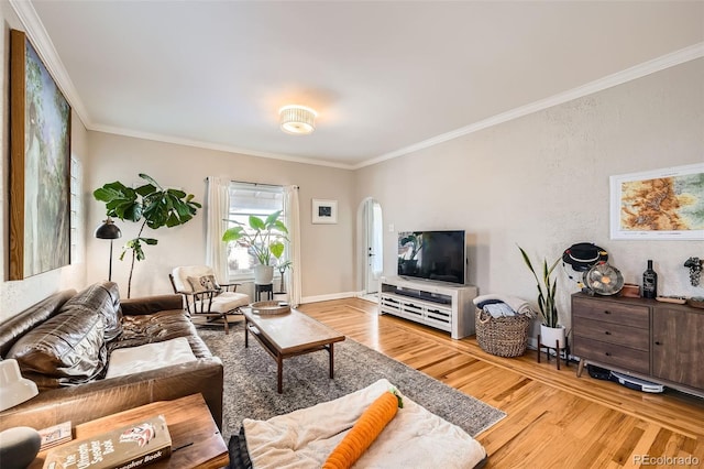 living room with crown molding and hardwood / wood-style floors