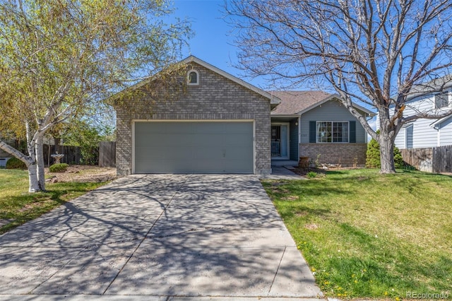 ranch-style home featuring a front lawn, fence, brick siding, concrete driveway, and an attached garage