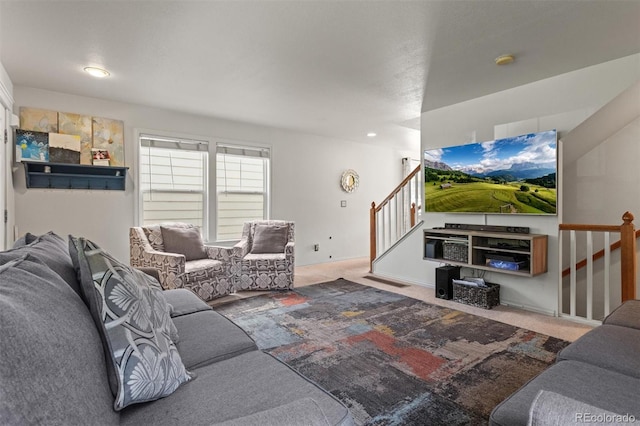 9272 E 108th Ave, Commerce City, CO 80640 - carpeted living area featuring stairs and recessed lighting