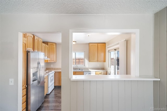 kitchen featuring a peninsula, white appliances, light countertops, and light brown cabinetry