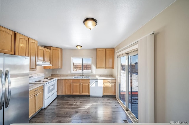 kitchen with dark wood-style flooring, light countertops, a sink, white appliances, and under cabinet range hood