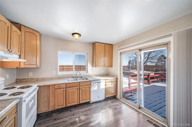 kitchen with white appliances, visible vents, a sink, light countertops, and a wealth of natural light