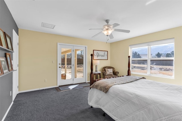 carpeted bedroom featuring access to outside and ceiling fan