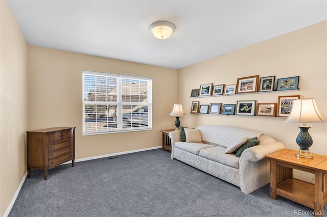 sitting room with dark colored carpet