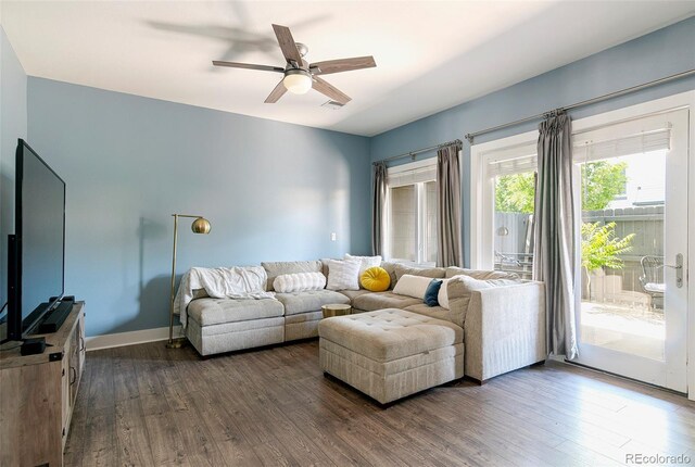 2800 Aurora Ave Unit 121, Boulder, CO 80303 - living area with dark wood-type flooring and ceiling fan