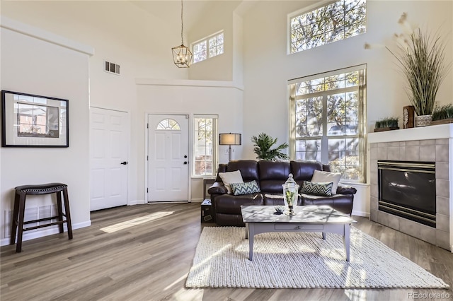 living room with hardwood / wood-style floors, a healthy amount of sunlight, and a tile fireplace