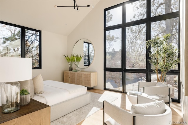 bedroom featuring a chandelier, high vaulted ceiling, and light hardwood / wood-style floors