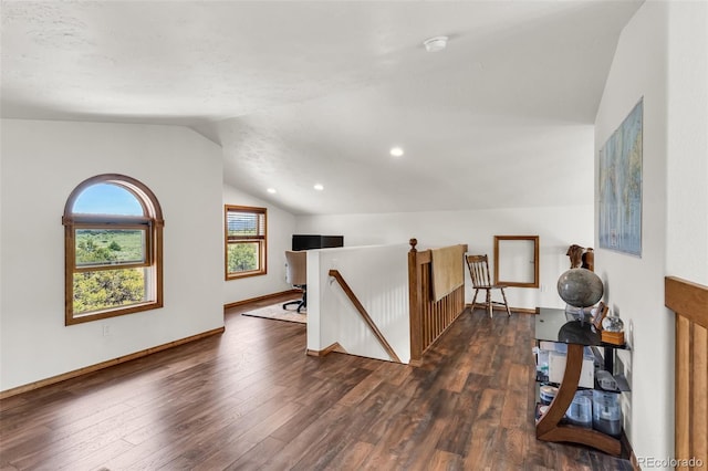 90 Riggs Rd, Westcliffe, CO 81252 - hallway with an upstairs landing, lofted ceiling, dark wood finished floors, and recessed lighting