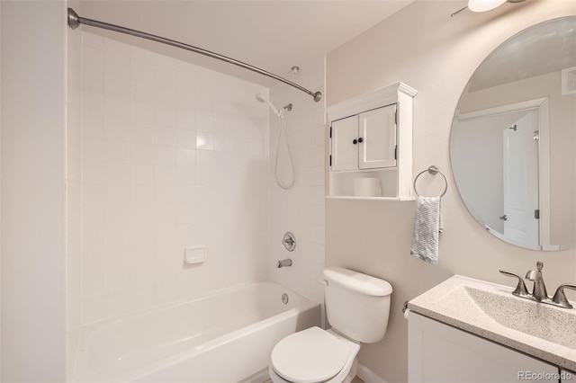 full bath featuring visible vents, shower / bath combination, vanity, and toilet