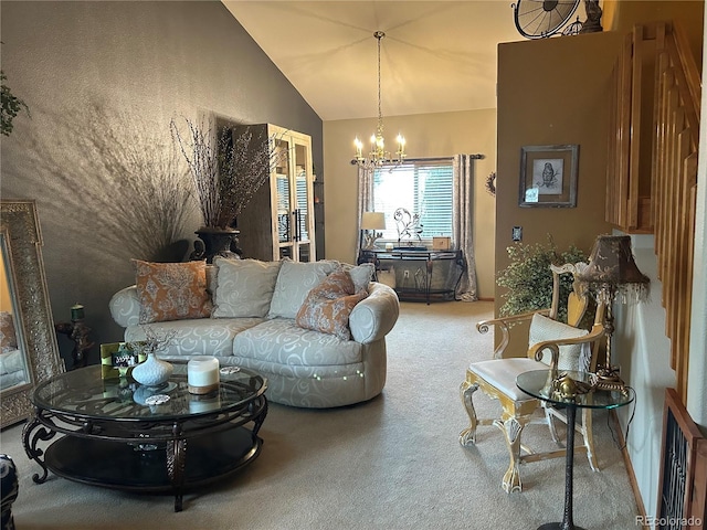 living room featuring high vaulted ceiling, carpet, and a chandelier