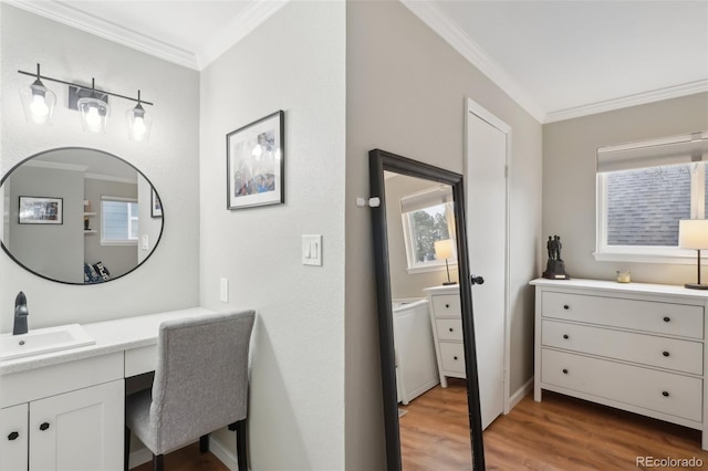 bathroom with vanity, crown molding, and wood finished floors