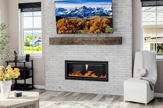 3059 Morningbird Ln, Castle Rock, CO 80109 - living area with wood finished floors, baseboards, and a fireplace