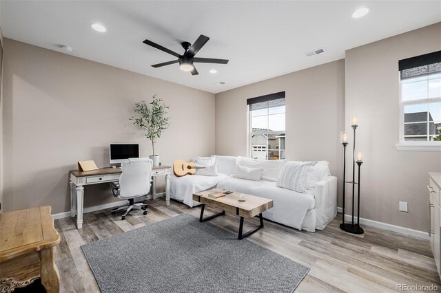 3059 Morningbird Ln, Castle Rock, CO 80109 - office space featuring plenty of natural light, a ceiling fan, light wood-style flooring, and recessed lighting
