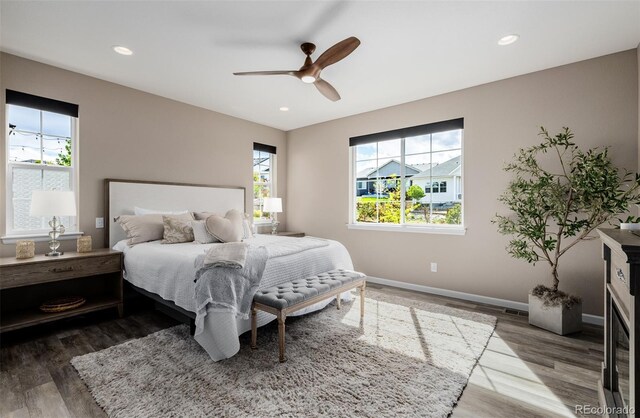 3059 Morningbird Ln, Castle Rock, CO 80109 - bedroom with wood finished floors, baseboards, a ceiling fan, and recessed lighting