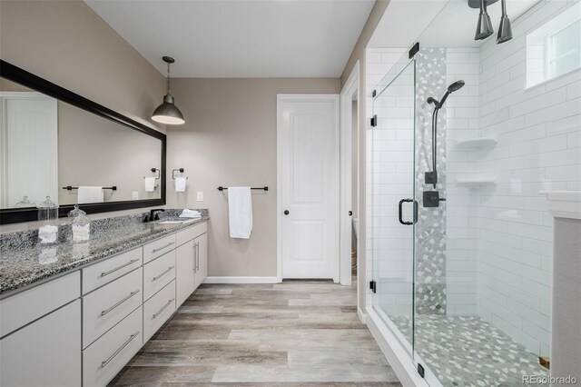 3059 Morningbird Ln, Castle Rock, CO 80109 - bathroom featuring vanity, a shower stall, wood finished floors, and baseboards