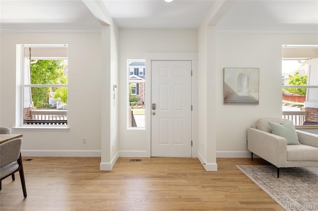10109 E 28th Ave, Denver, CO 80238 - entrance foyer featuring baseboards, ornamental molding, light wood finished floors, and healthy amount of natural light
