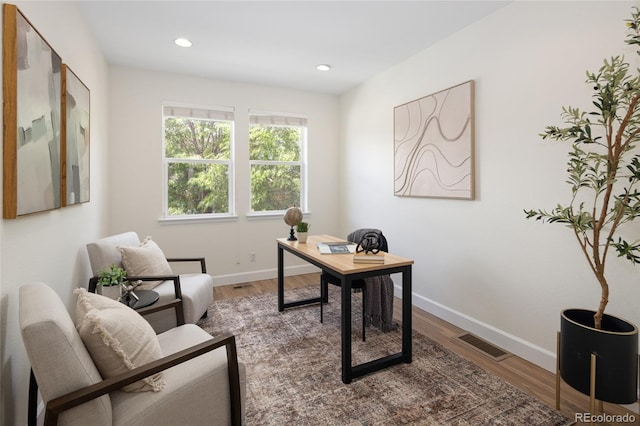 10109 E 28th Ave, Denver, CO 80238 - home office with baseboards, wood finished floors, and recessed lighting
