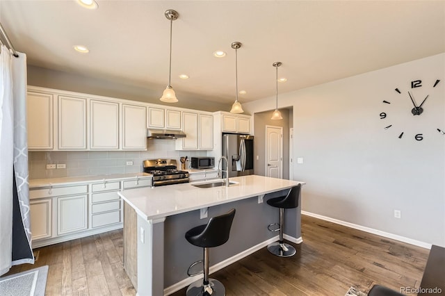 7360 S Old Hammer Way, Aurora, CO 80016 - kitchen featuring appliances with stainless steel finishes, under cabinet range hood, hardwood / wood-style flooring, a center island with sink, and tasteful backsplash