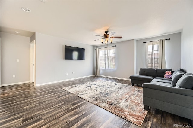 7360 S Old Hammer Way, Aurora, CO 80016 - living room with ceiling fan and dark wood-style floors