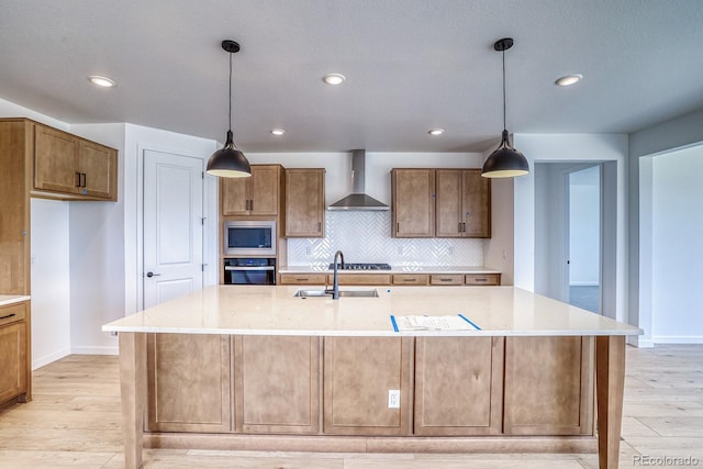 23738 E 42nd Ave, Aurora, CO 80019 - kitchen with wall chimney exhaust hood, stainless steel microwave, oven, light wood-type flooring, and decorative backsplash