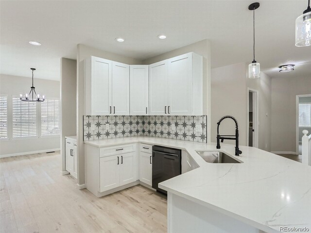 kitchen with kitchen peninsula, backsplash, sink, dishwasher, and white cabinets