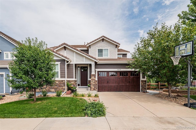 10272 Greenfield Cir, Parker, CO 80134 - craftsman-style home featuring stone siding, concrete driveway, a tiled roof, and an attached garage