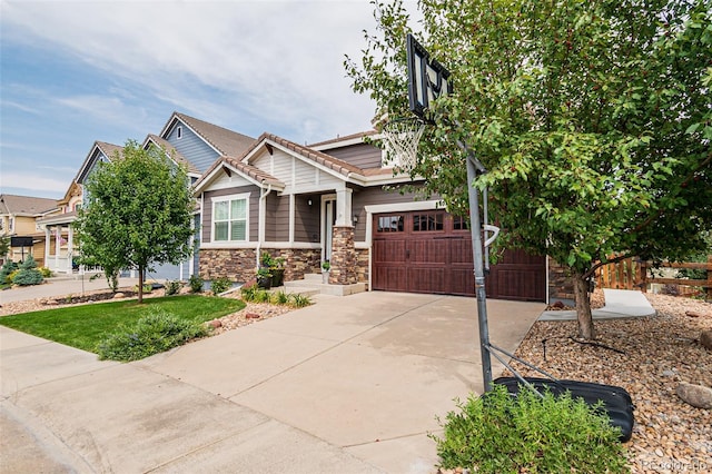 10272 Greenfield Cir, Parker, CO 80134 - craftsman-style house with stone siding, driveway, and a tiled roof