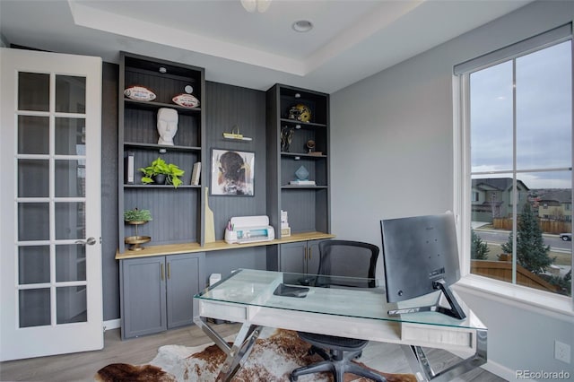 office space with light wood-style floors and a raised ceiling