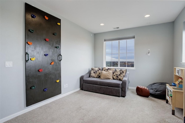 sitting room featuring recessed lighting, carpet, baseboards, and visible vents