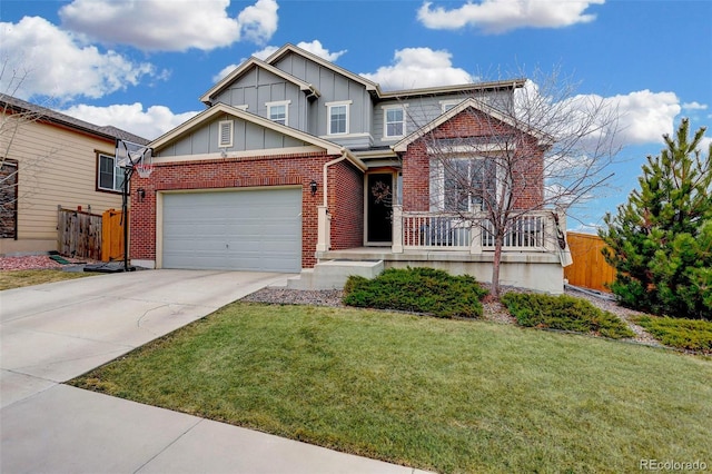 craftsman-style house featuring fence, an attached garage, board and batten siding, driveway, and a front yard