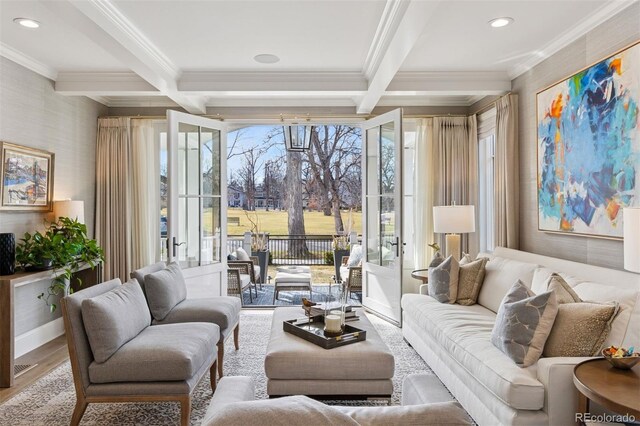 2130 S Milwaukee St, Denver, CO 80210 - living room featuring beamed ceiling, coffered ceiling, and wood finished floors