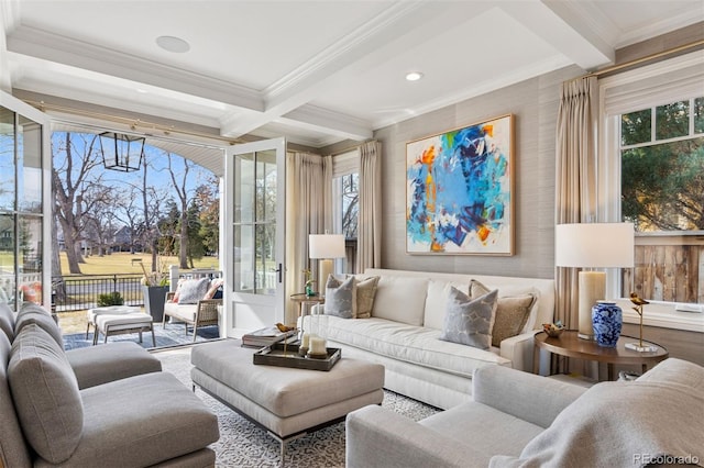 2130 S Milwaukee St, Denver, CO 80210 - living room with crown molding, beamed ceiling, and coffered ceiling
